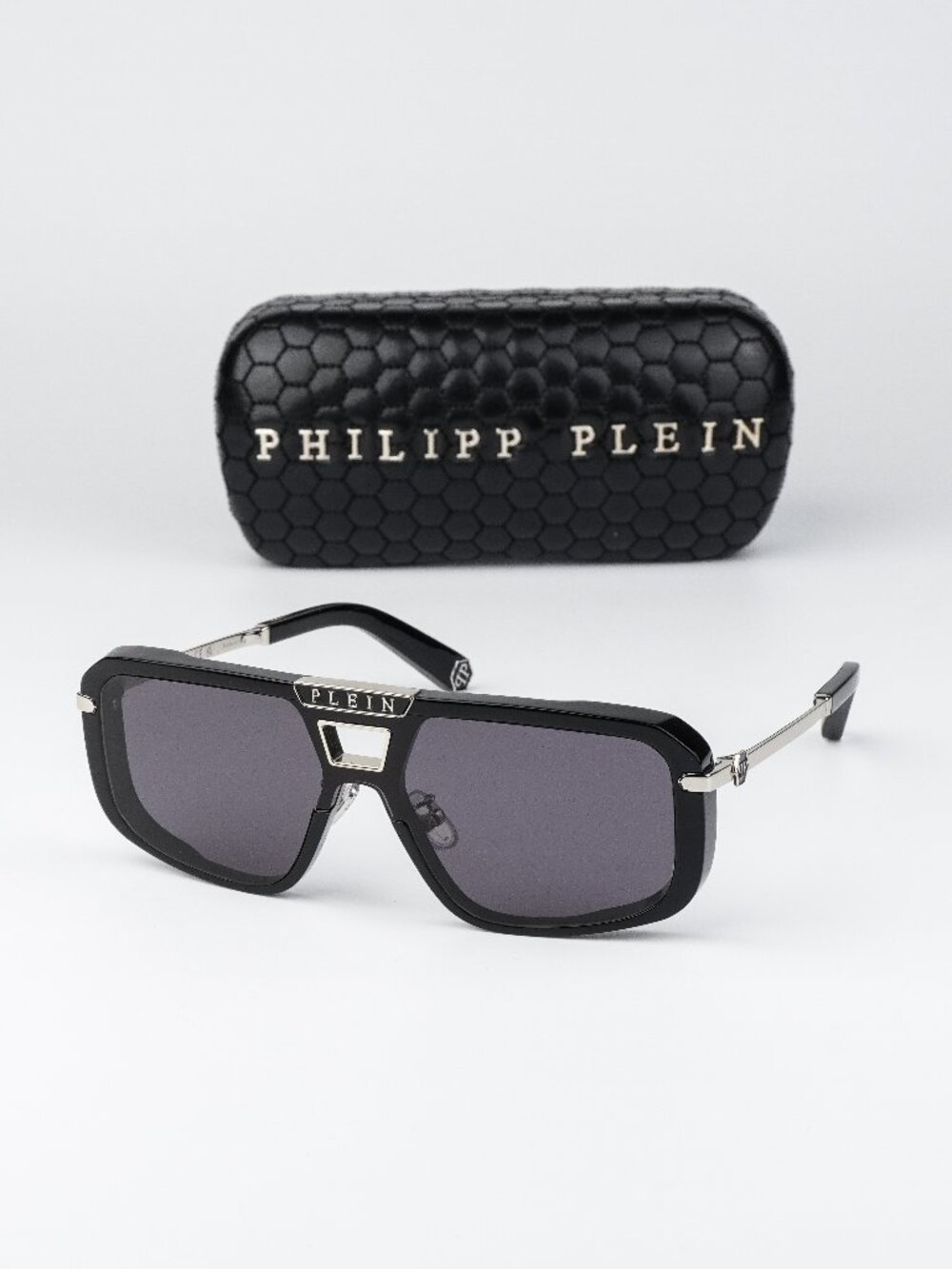 Philipp Plein Men Sunglasses Black Grey Pilot SPP008M 0700 NEW AUTHENTIC